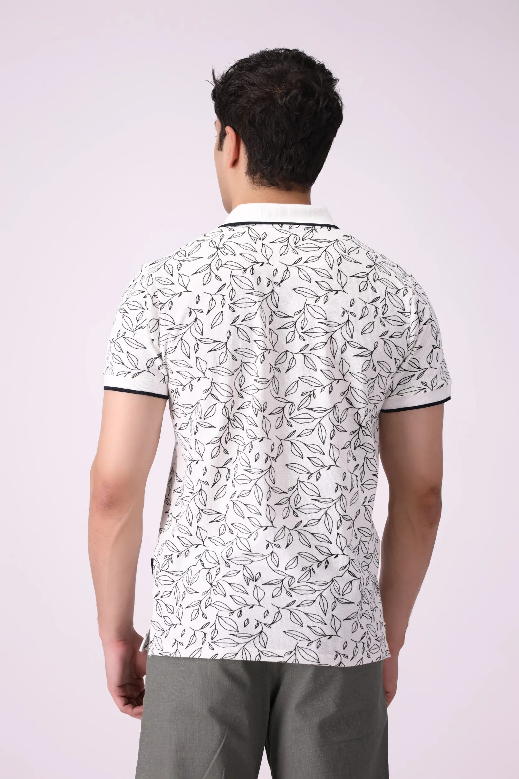Leaf-Print White Polo Shirt