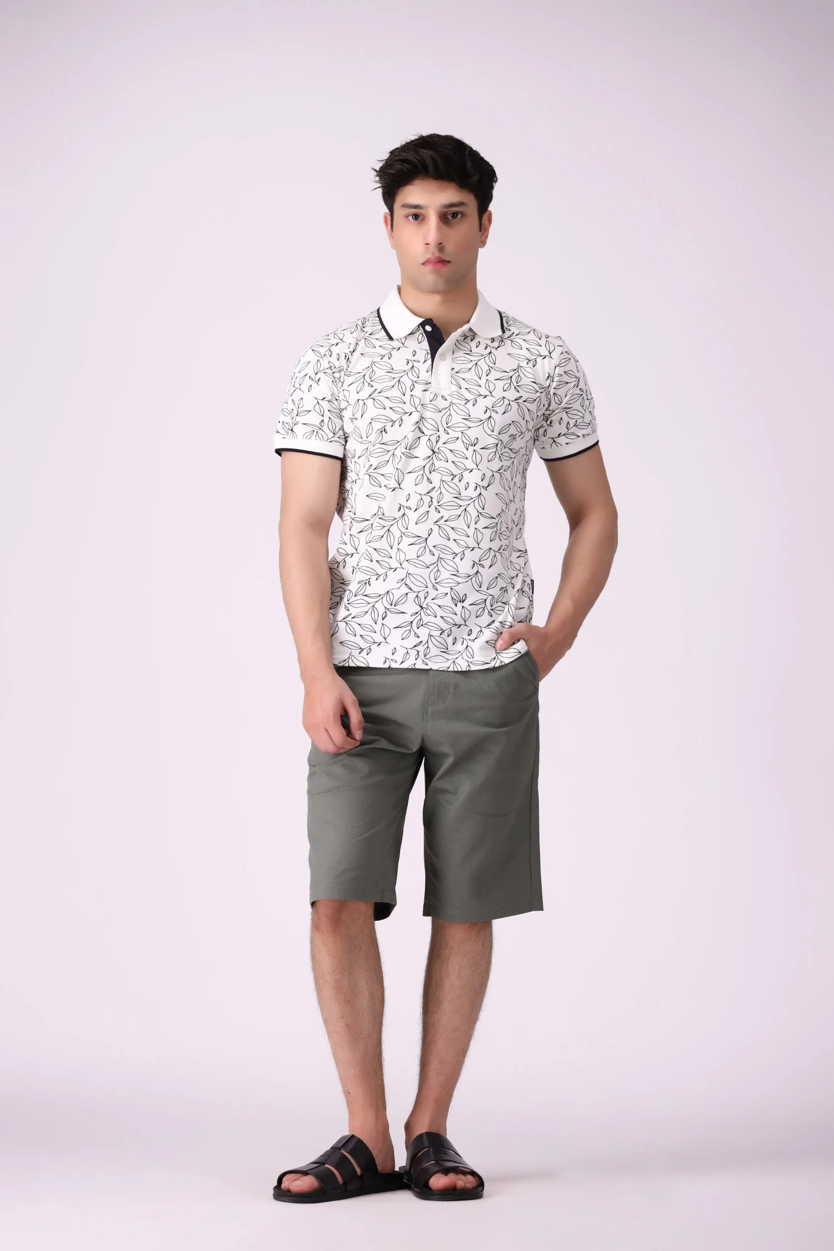 Leaf-Print White Polo Shirt