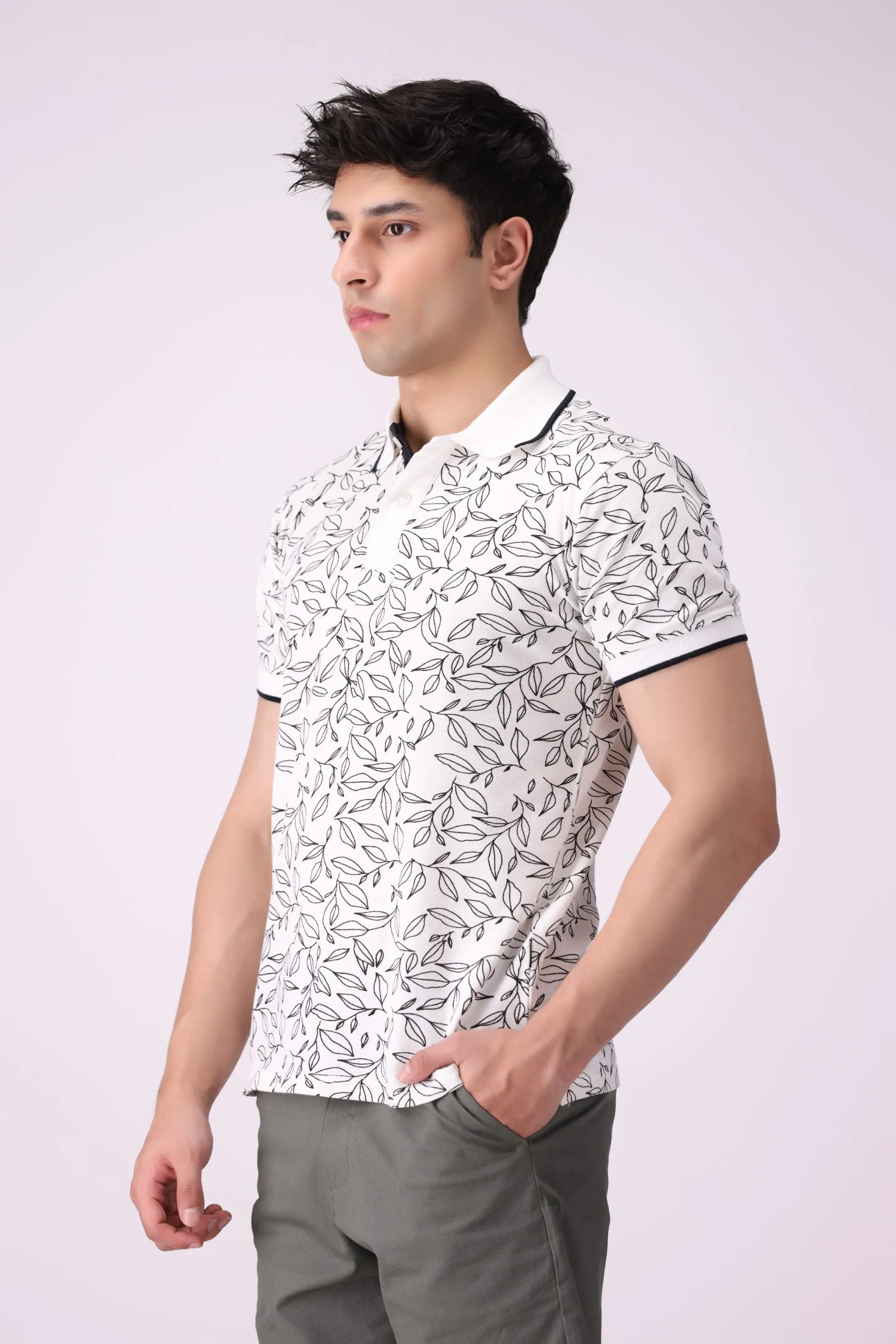 Leaf-Print White Polo Shirt