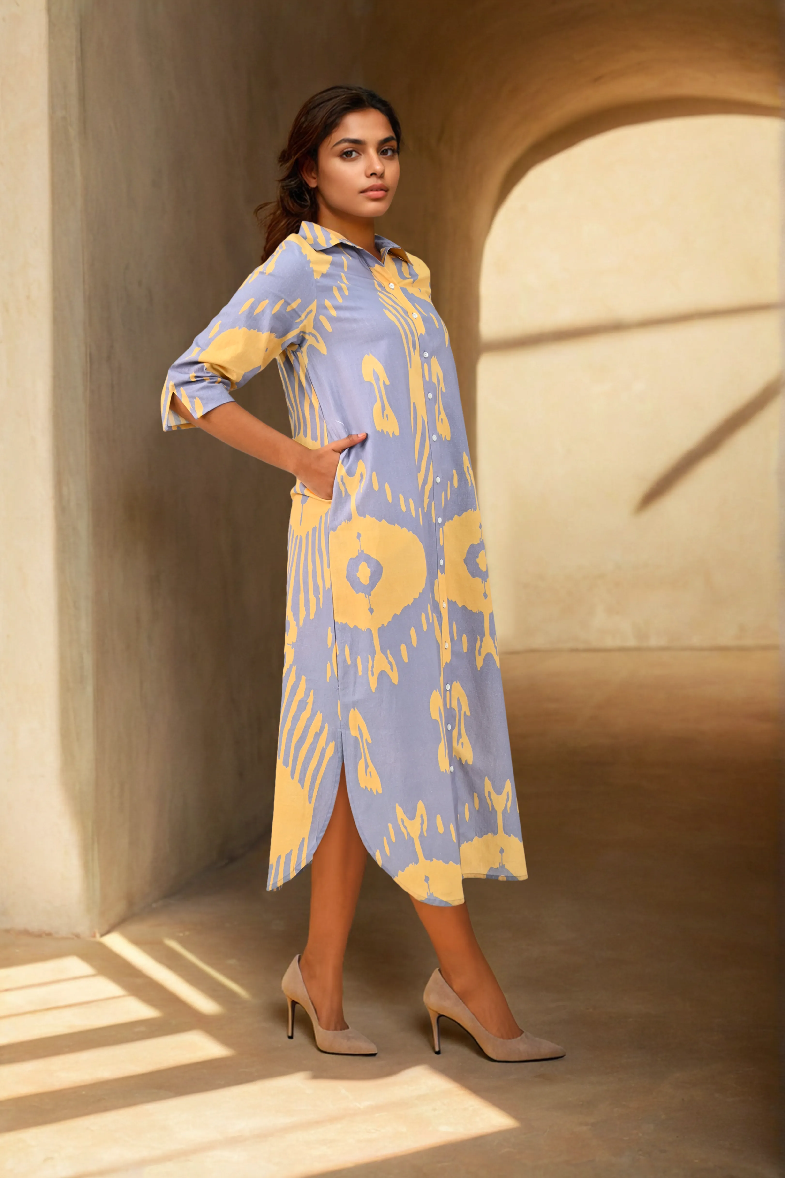 Lilac Printed Cotton Shirt Dress
