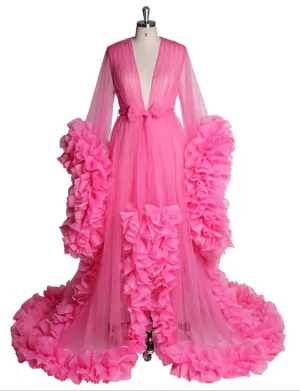 Long Sleeve Women V Neck Ruffled  Luxury Robe