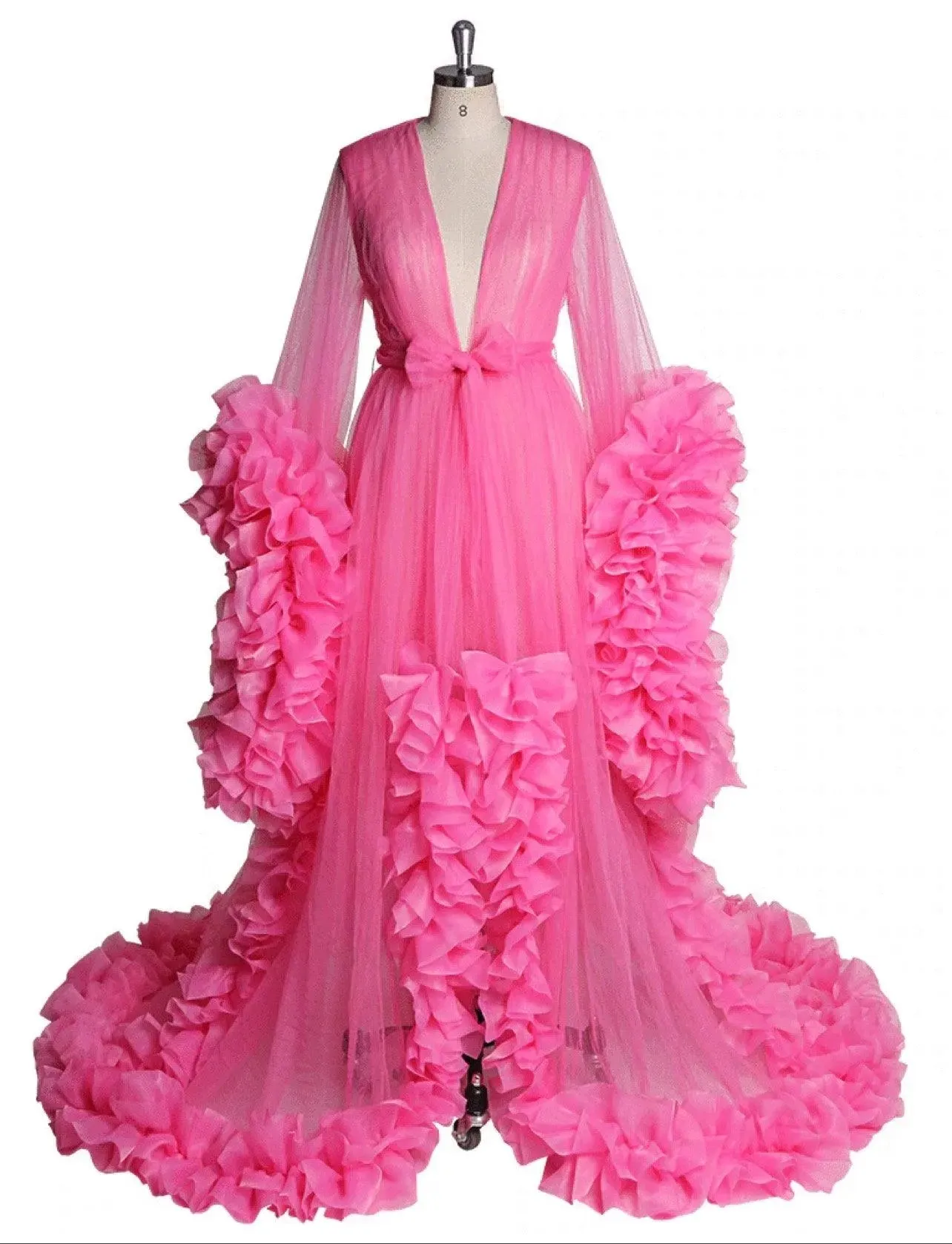 Long Sleeve Women V Neck Ruffled  Luxury Robe