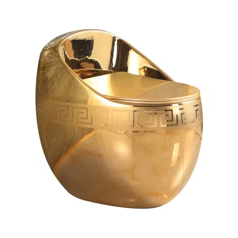 Luxury Greek Key Round Tankless Gold Ceramic One Piece Floor Mounted Toilet