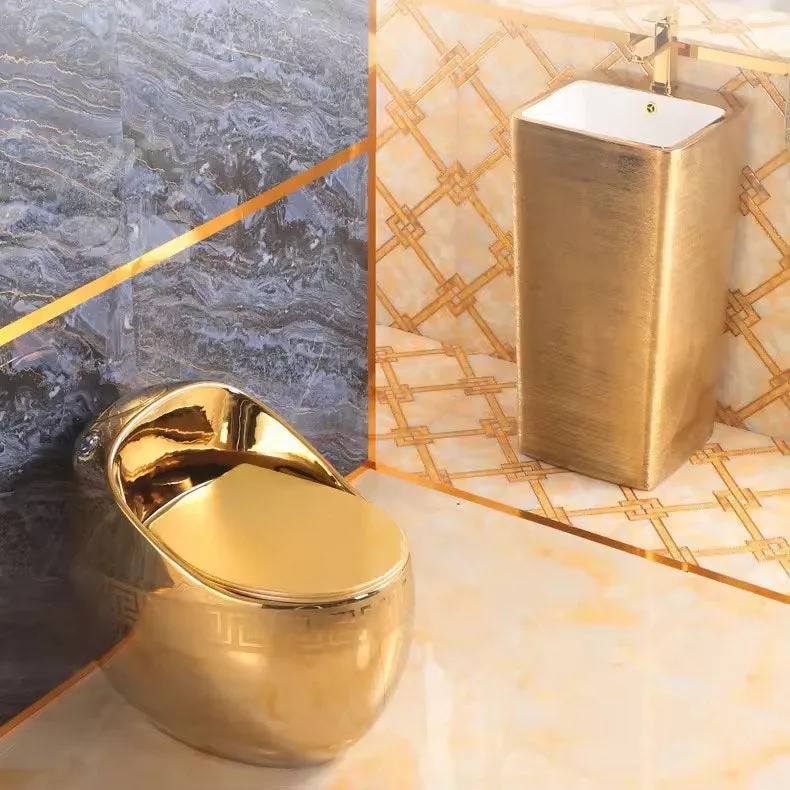Luxury Greek Key Round Tankless Gold Ceramic One Piece Floor Mounted Toilet