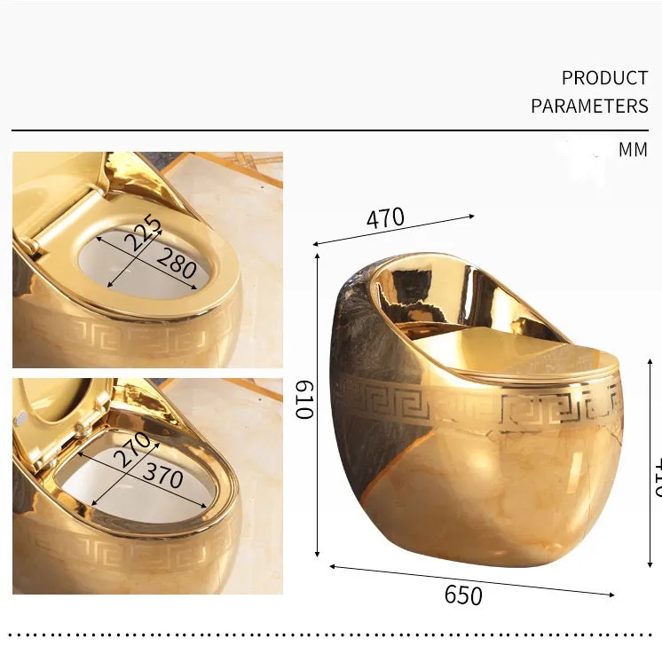 Luxury Greek Key Round Tankless Gold Ceramic One Piece Floor Mounted Toilet