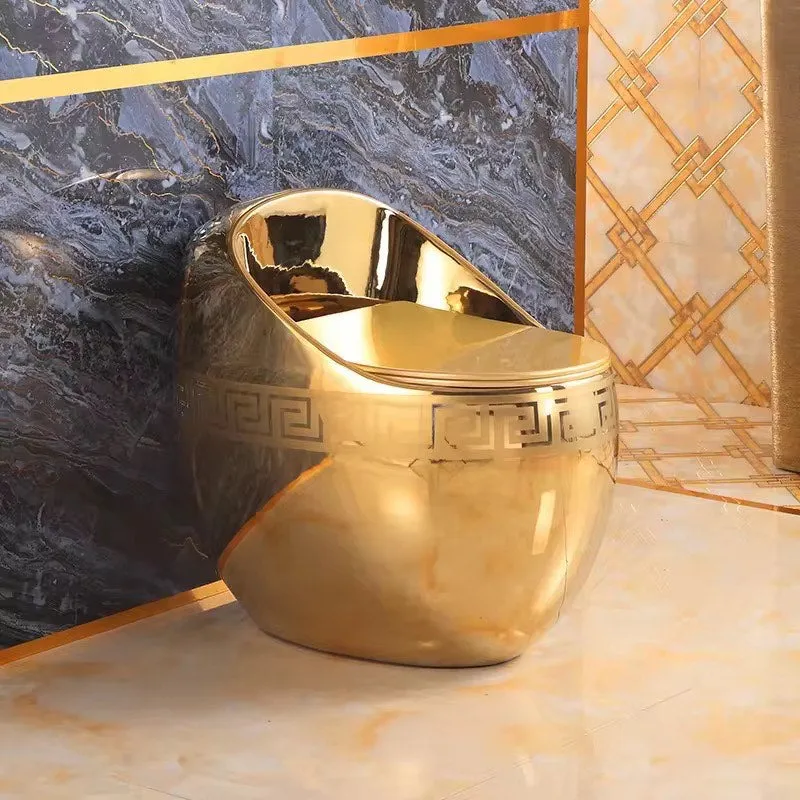 Luxury Greek Key Round Tankless Gold Ceramic One Piece Floor Mounted Toilet