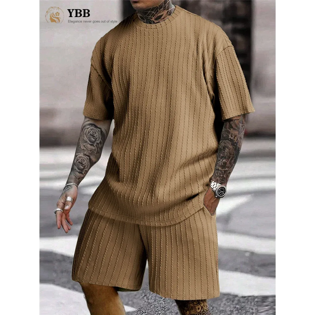 Men's Two-Piece Suits Fashion Solid Stripe Short-Sleeve T-shirts & Shorts