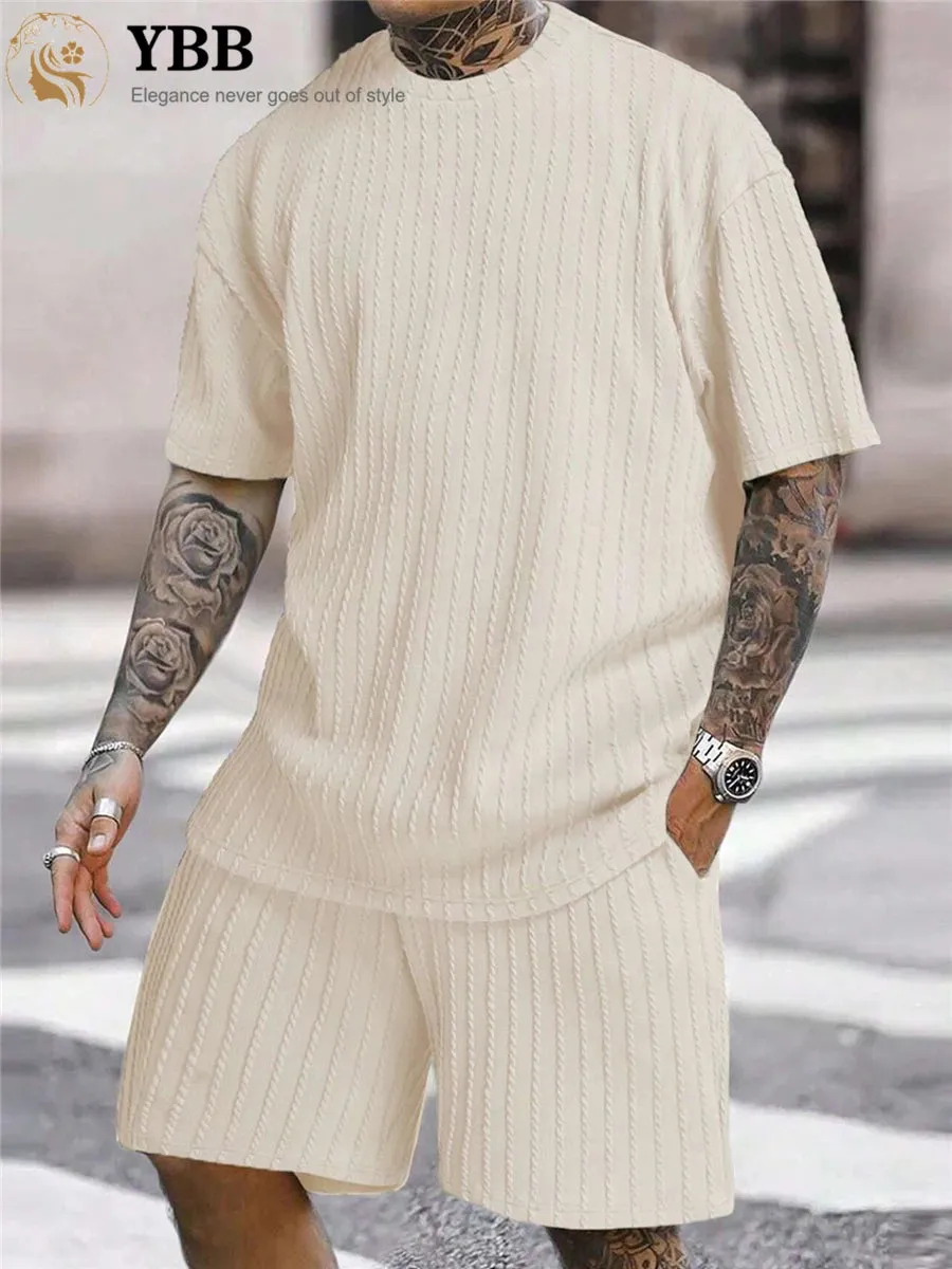 Men's Two-Piece Suits Fashion Solid Stripe Short-Sleeve T-shirts & Shorts