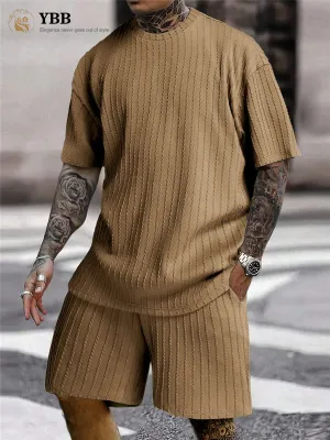 Men's Two-Piece Suits Fashion Solid Stripe Short-Sleeve T-shirts & Shorts