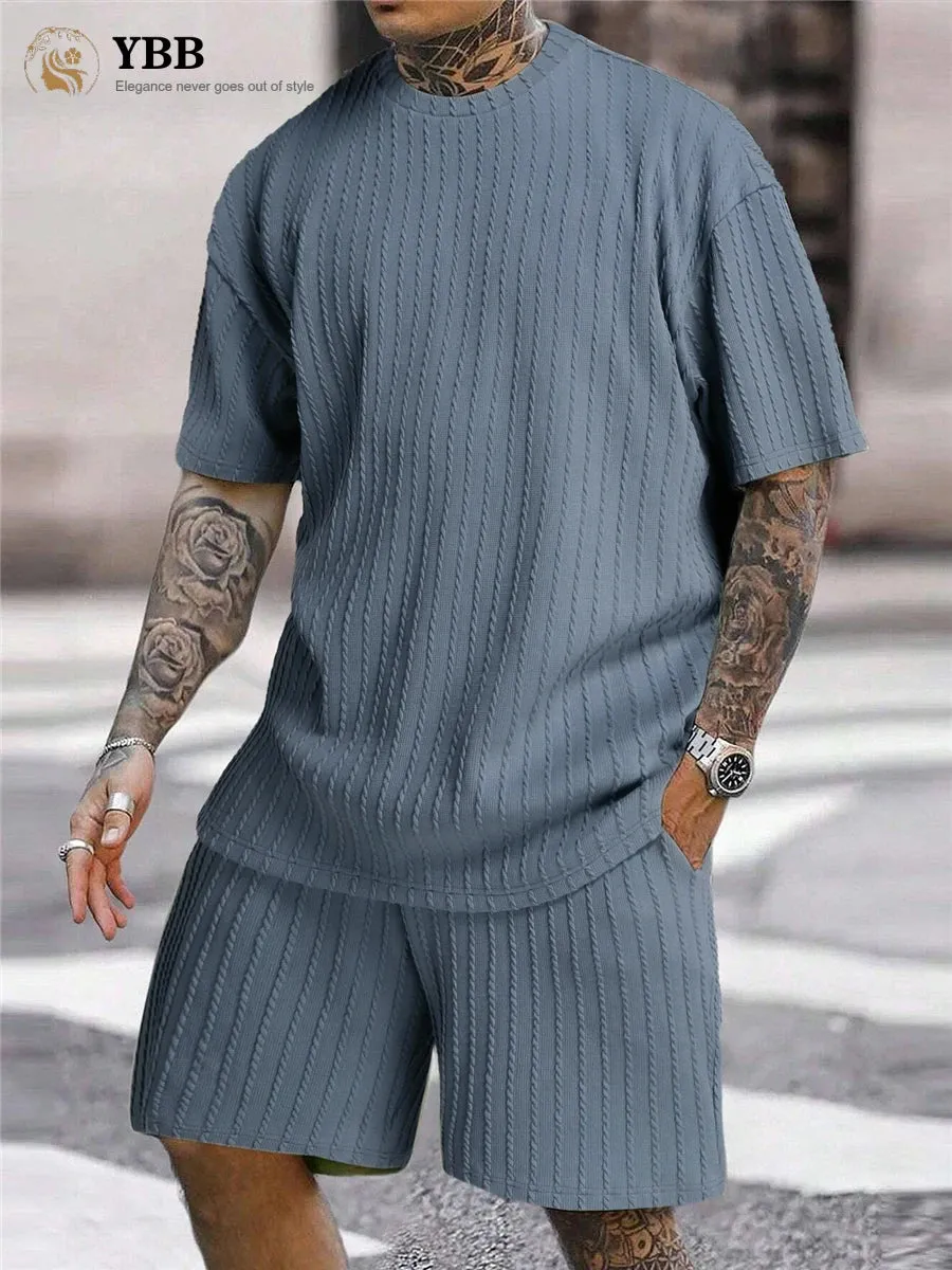 Men's Two-Piece Suits Fashion Solid Stripe Short-Sleeve T-shirts & Shorts