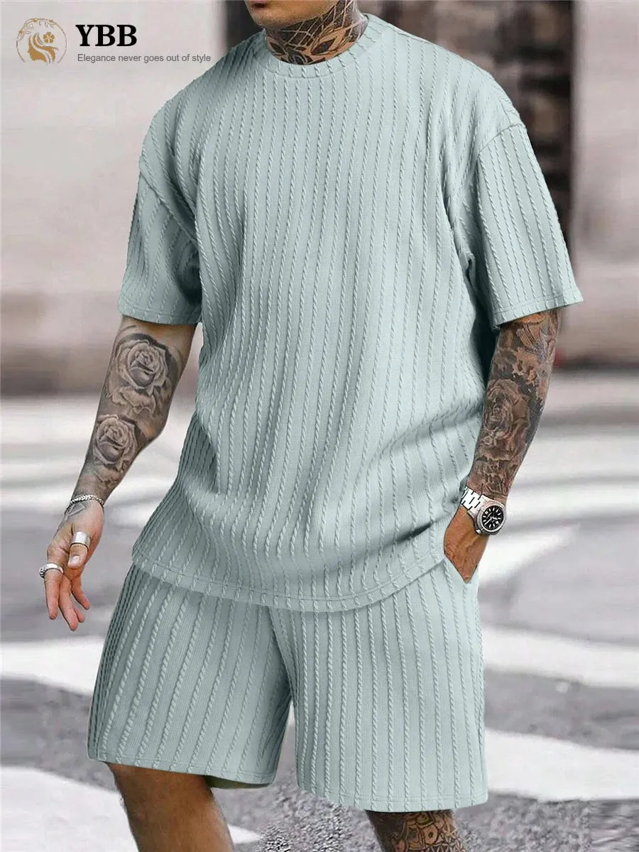 Men's Two-Piece Suits Fashion Solid Stripe Short-Sleeve T-shirts & Shorts
