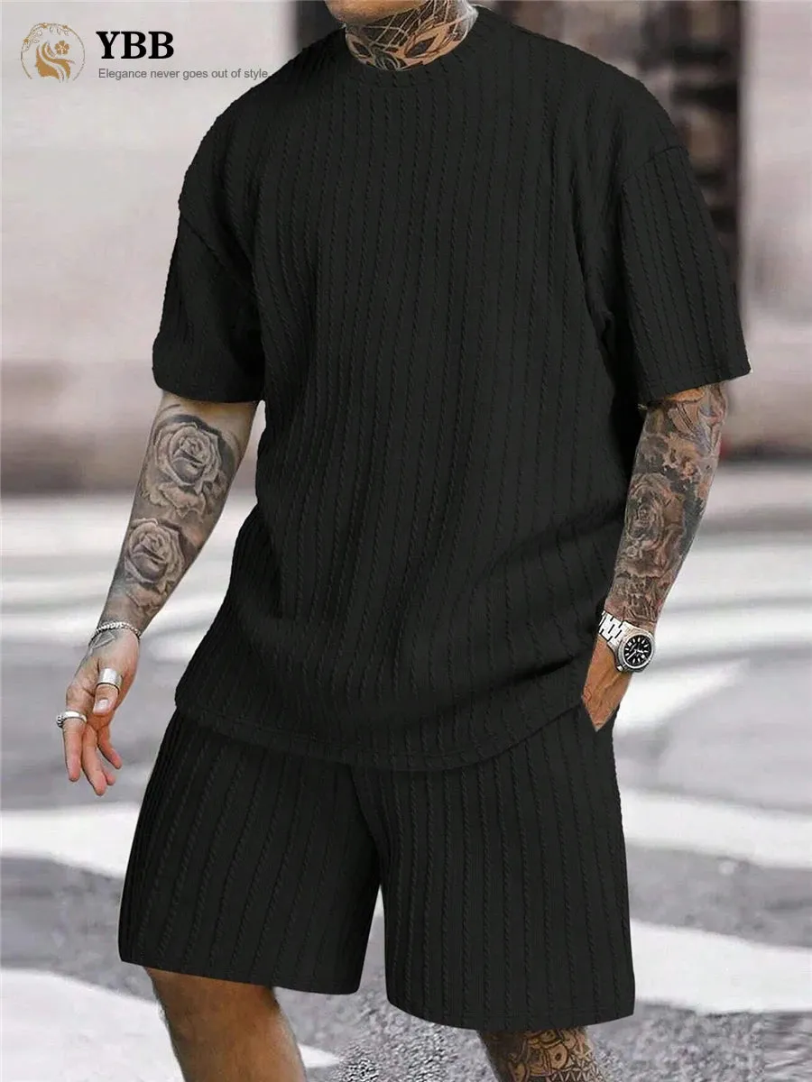 Men's Two-Piece Suits Fashion Solid Stripe Short-Sleeve T-shirts & Shorts