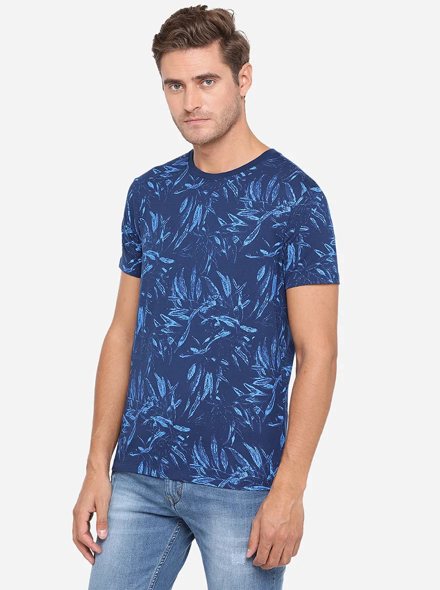 Navy Blue Printed Slim Fit T-Shirt | JadeBlue