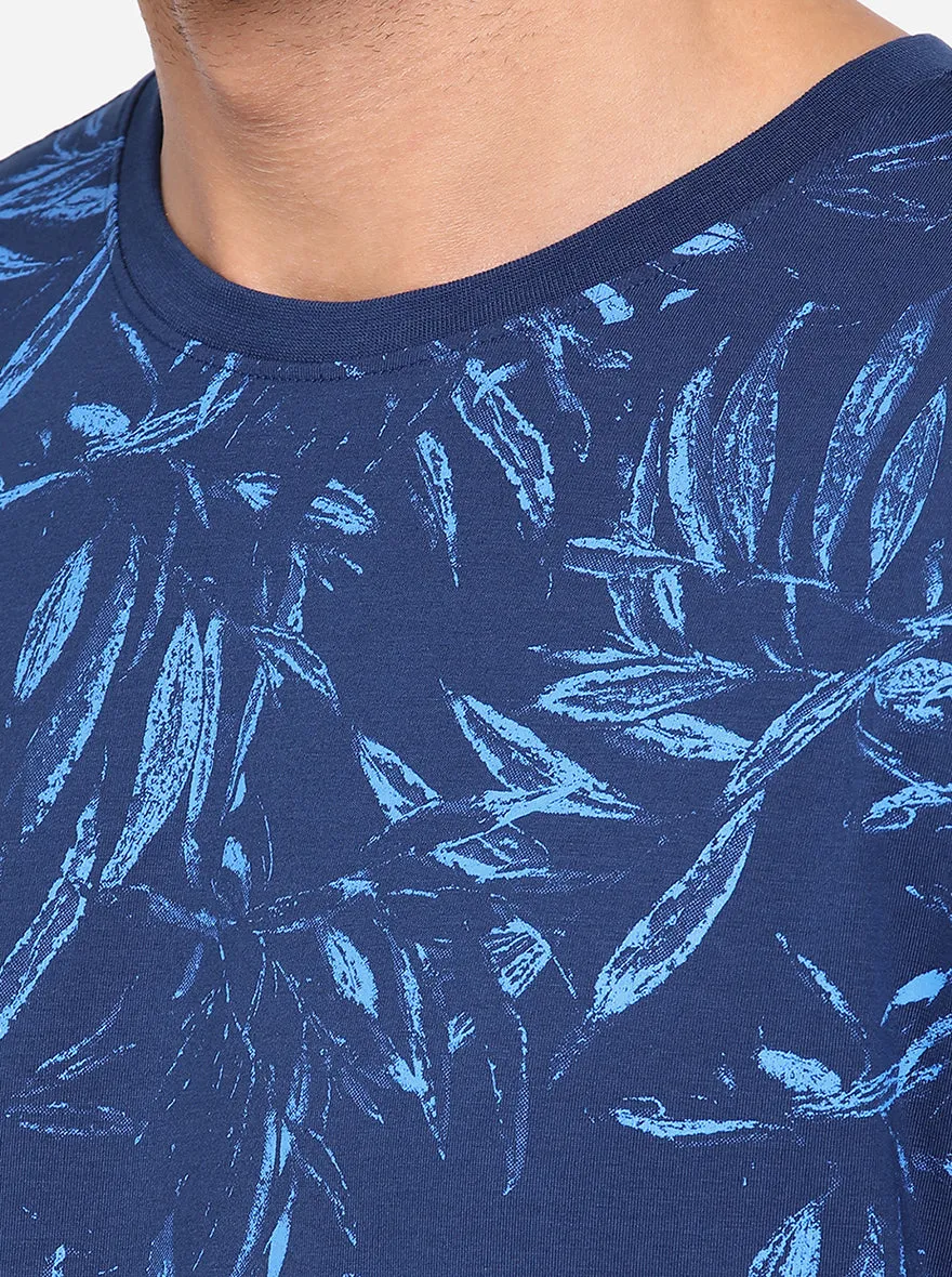Navy Blue Printed Slim Fit T-Shirt | JadeBlue