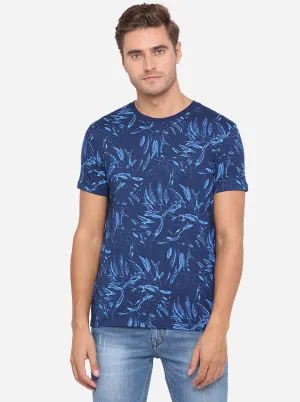 Navy Blue Printed Slim Fit T-Shirt | JadeBlue