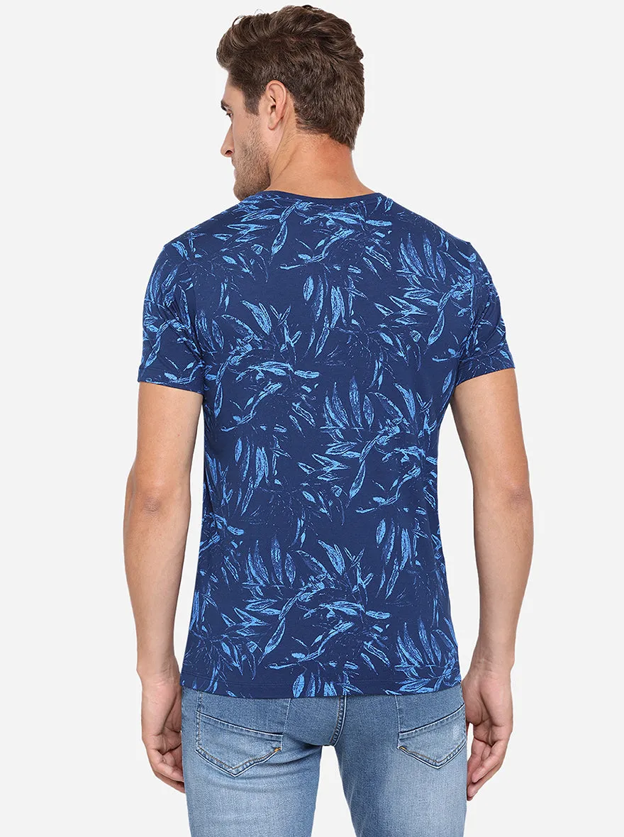 Navy Blue Printed Slim Fit T-Shirt | JadeBlue