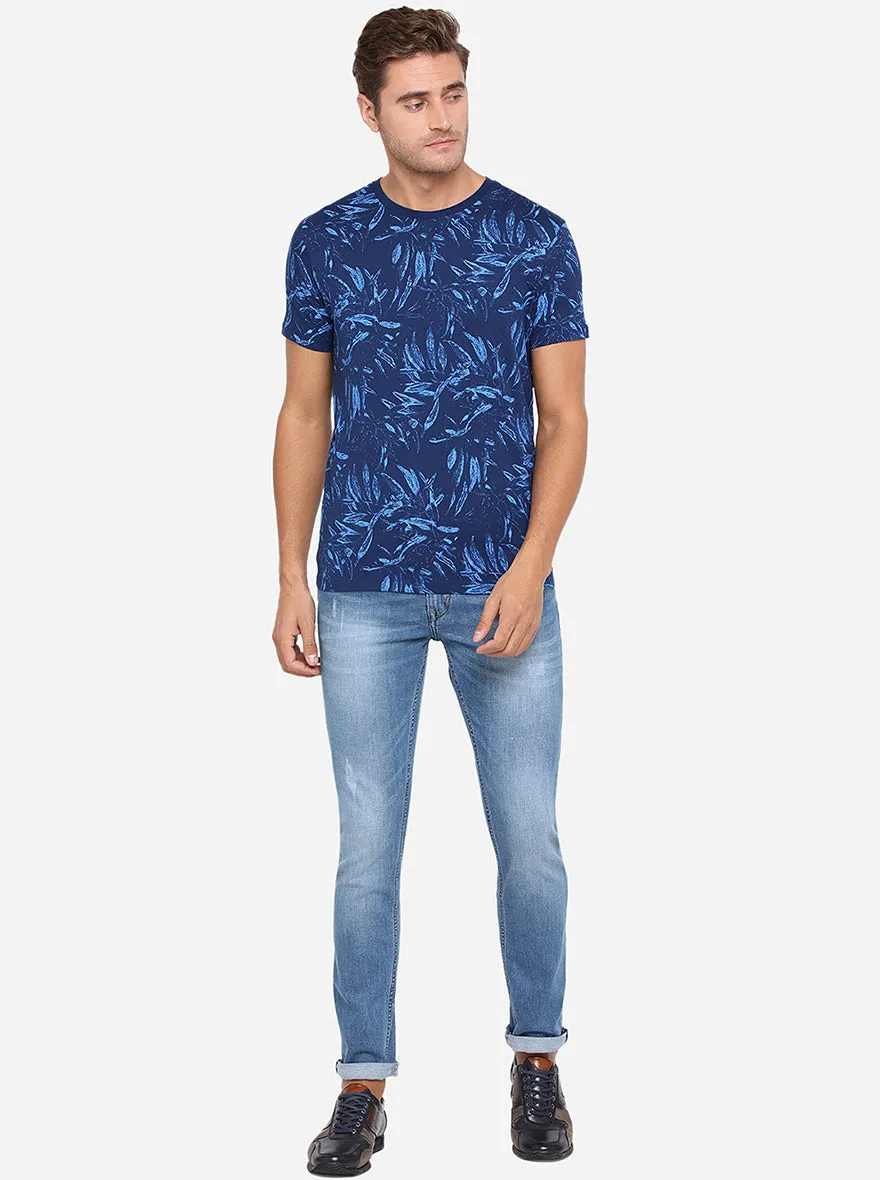 Navy Blue Printed Slim Fit T-Shirt | JadeBlue