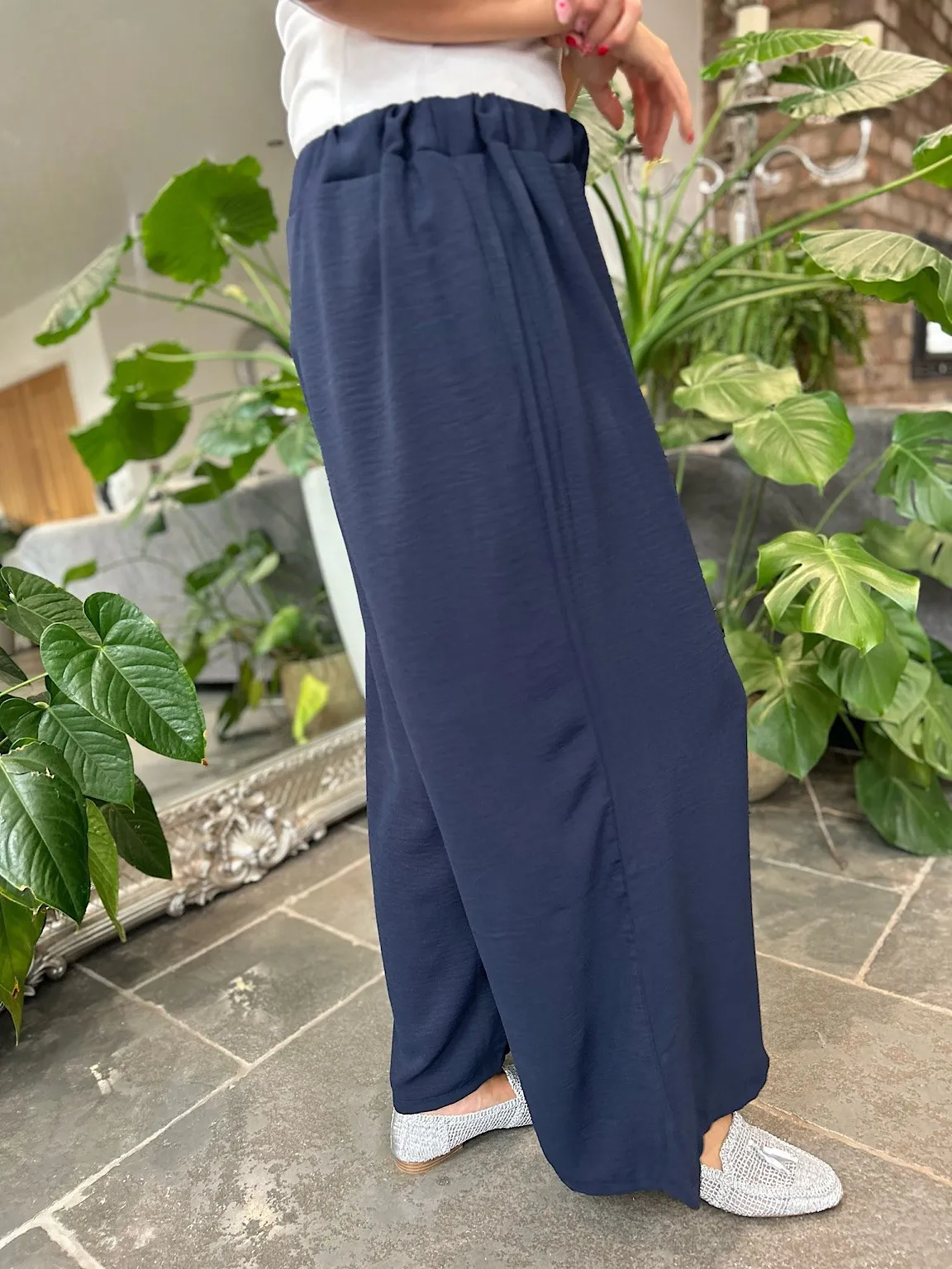 Navy Pull On Wide Leg Crepe Trousers Leah
