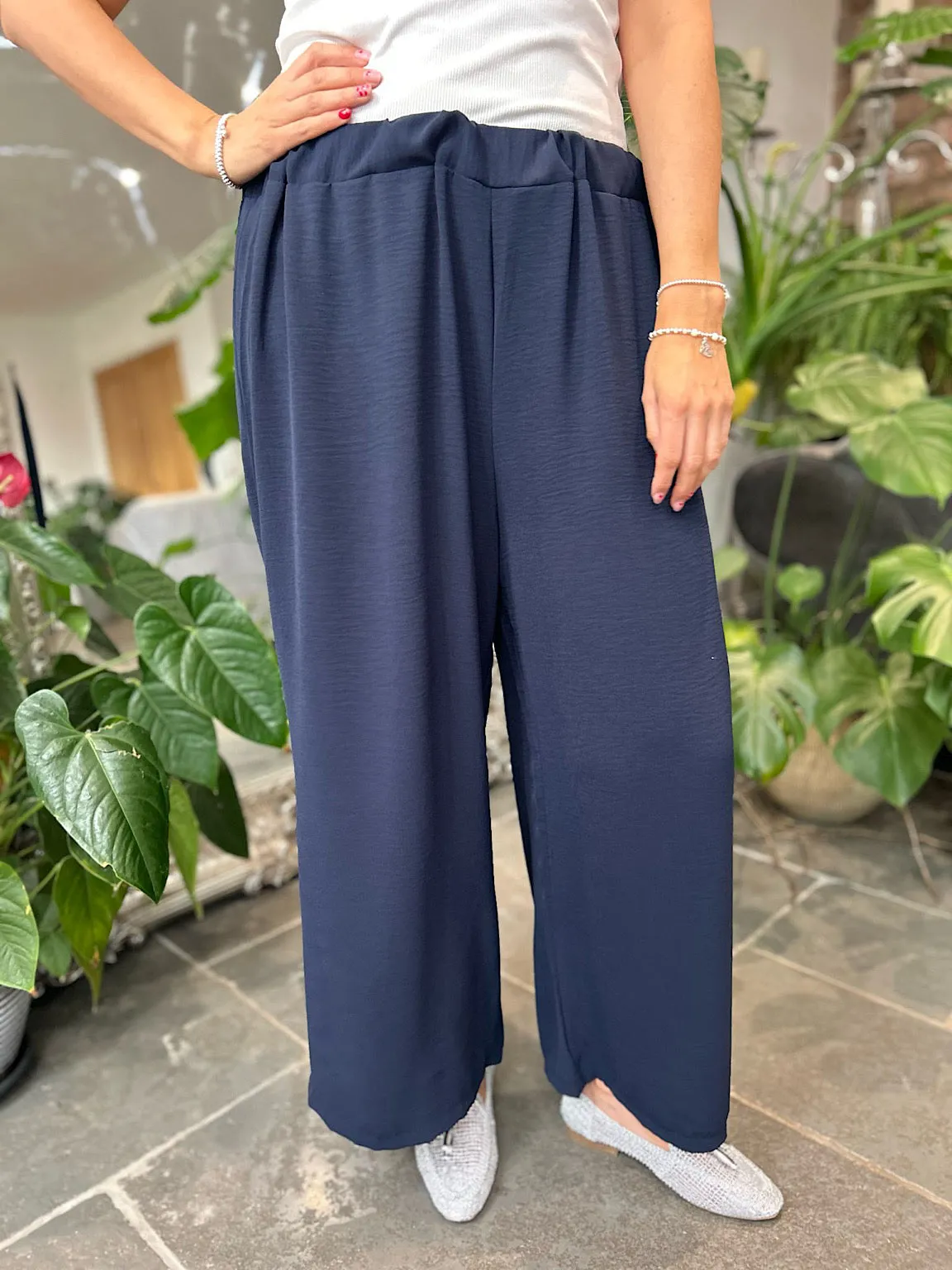 Navy Pull On Wide Leg Crepe Trousers Leah
