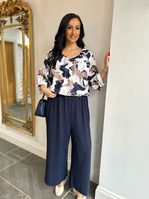 Navy Pull On Wide Leg Crepe Trousers Leah