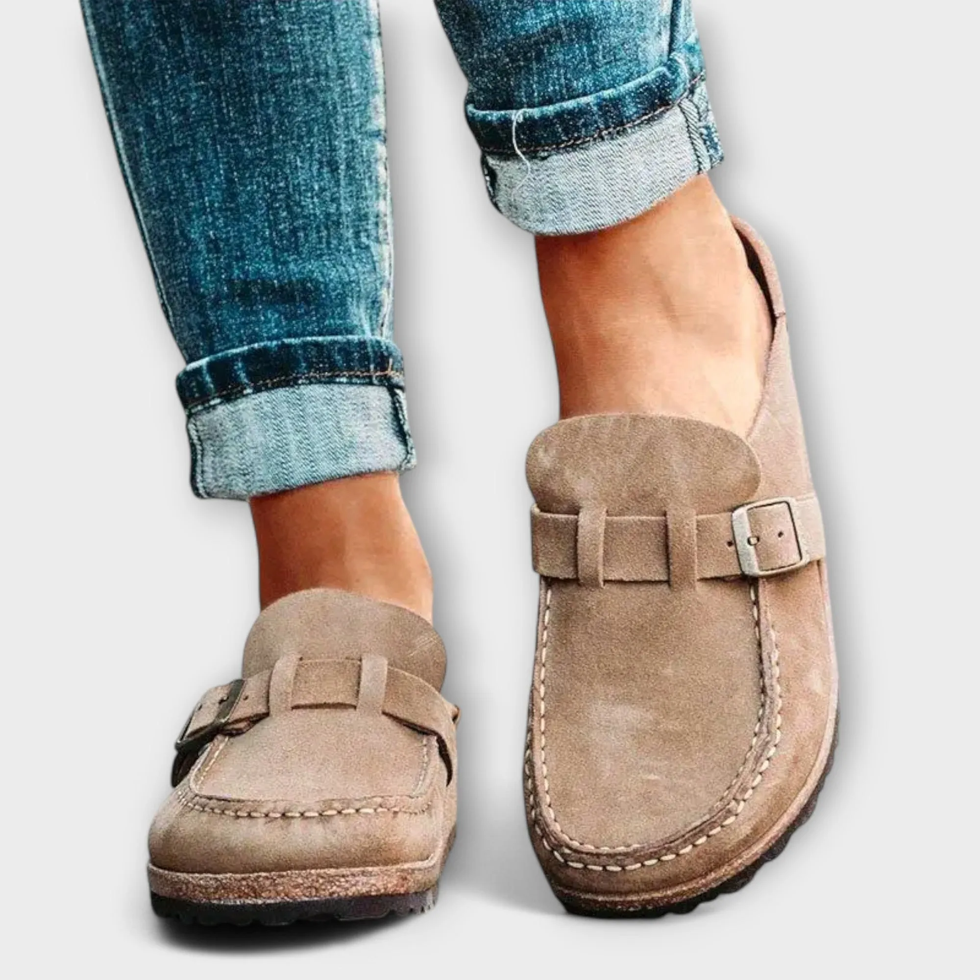 Orthopedic women's moccasins with decorative buckle