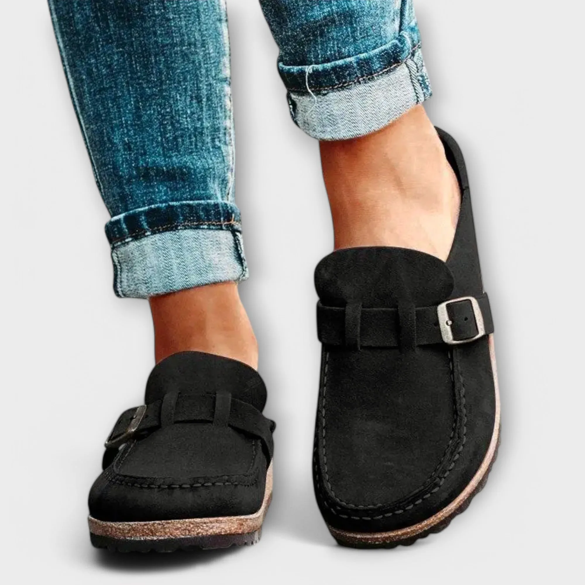 Orthopedic women's moccasins with decorative buckle