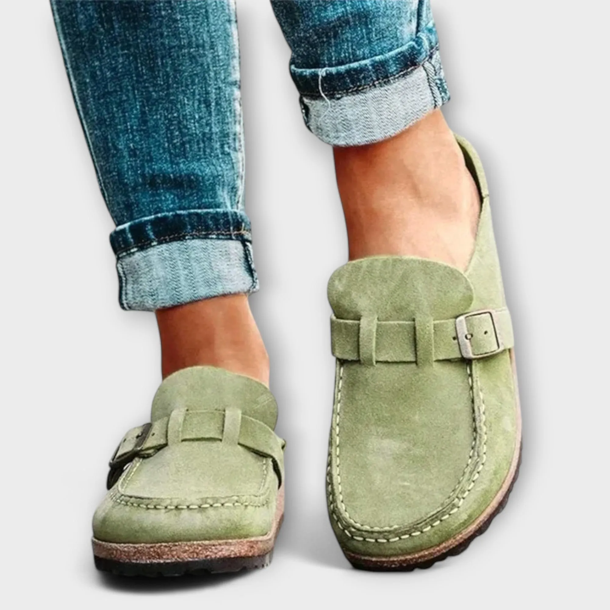 Orthopedic women's moccasins with decorative buckle