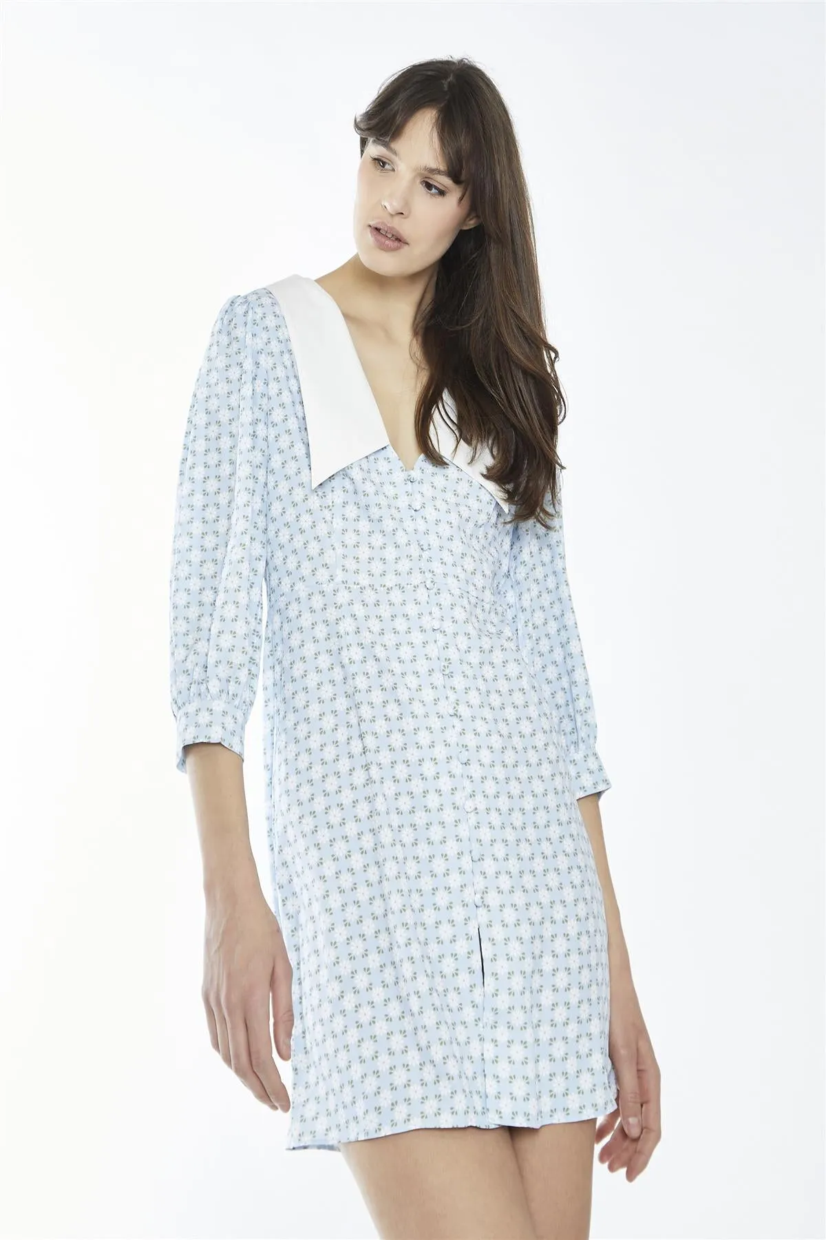 Pale-Blue Ditsy Button-Through Collared Mini-Dress