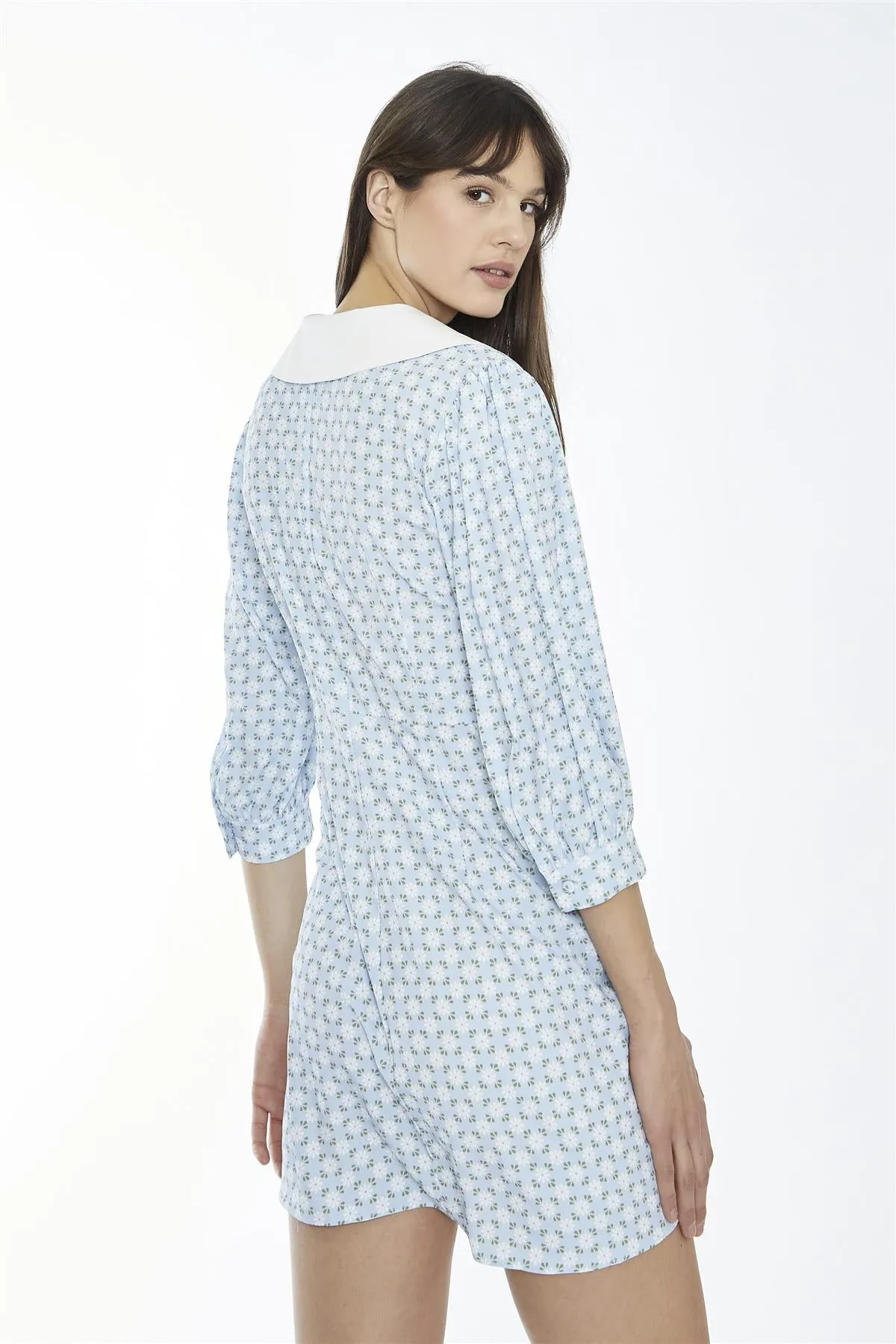 Pale-Blue Ditsy Button-Through Collared Mini-Dress