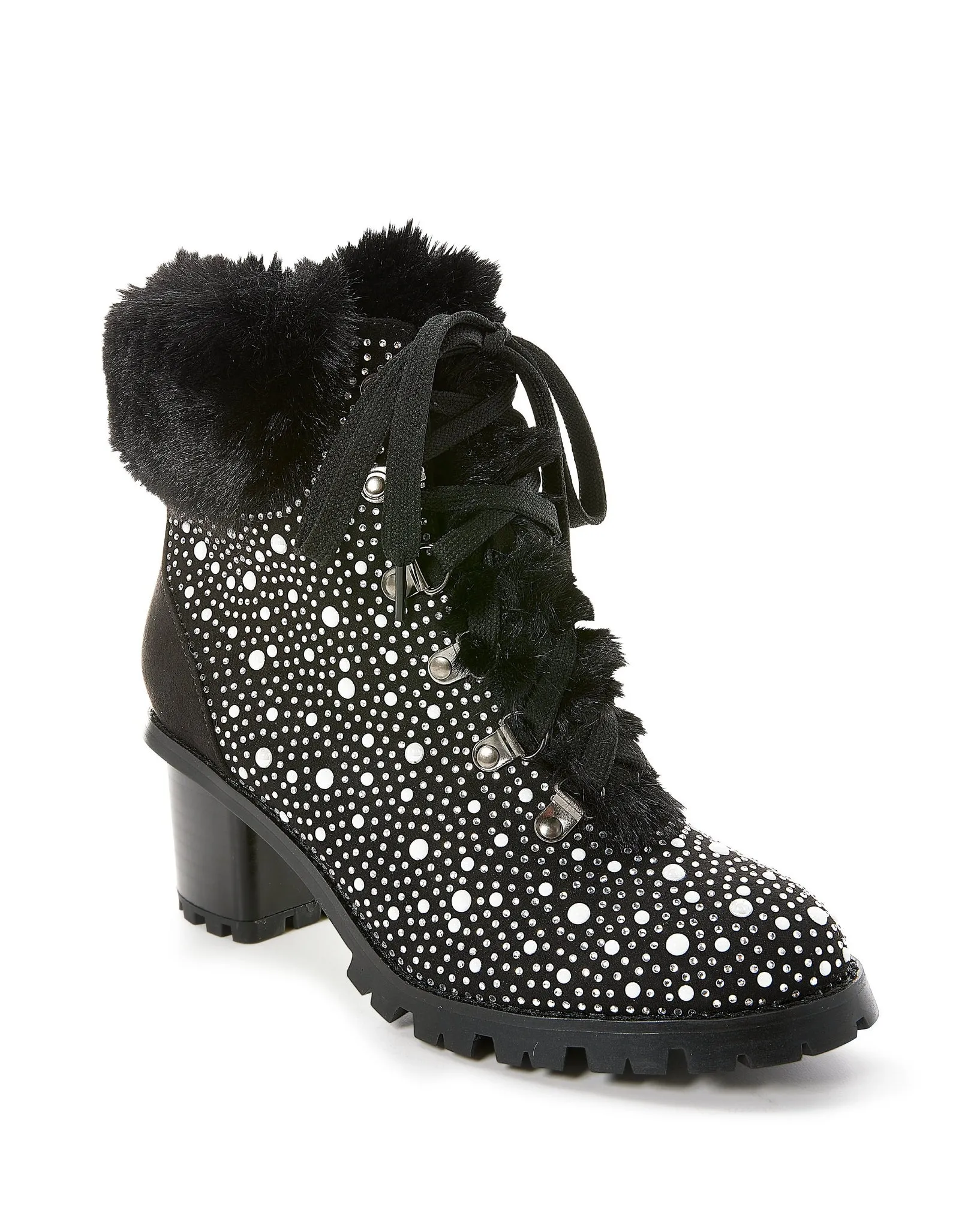 Pearl and Rhinestone Fur Heeled Bootie Black