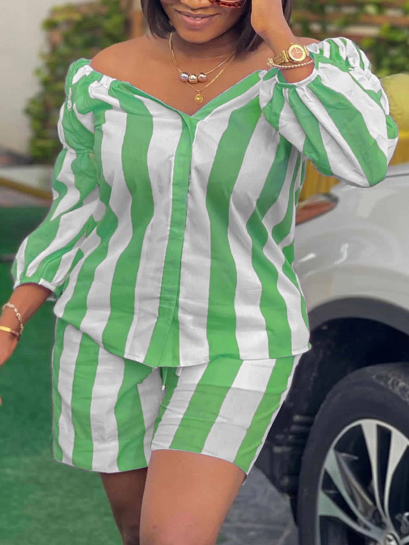 Playful Striped Long-Sleeve Top and Shorts Plus-Size Set