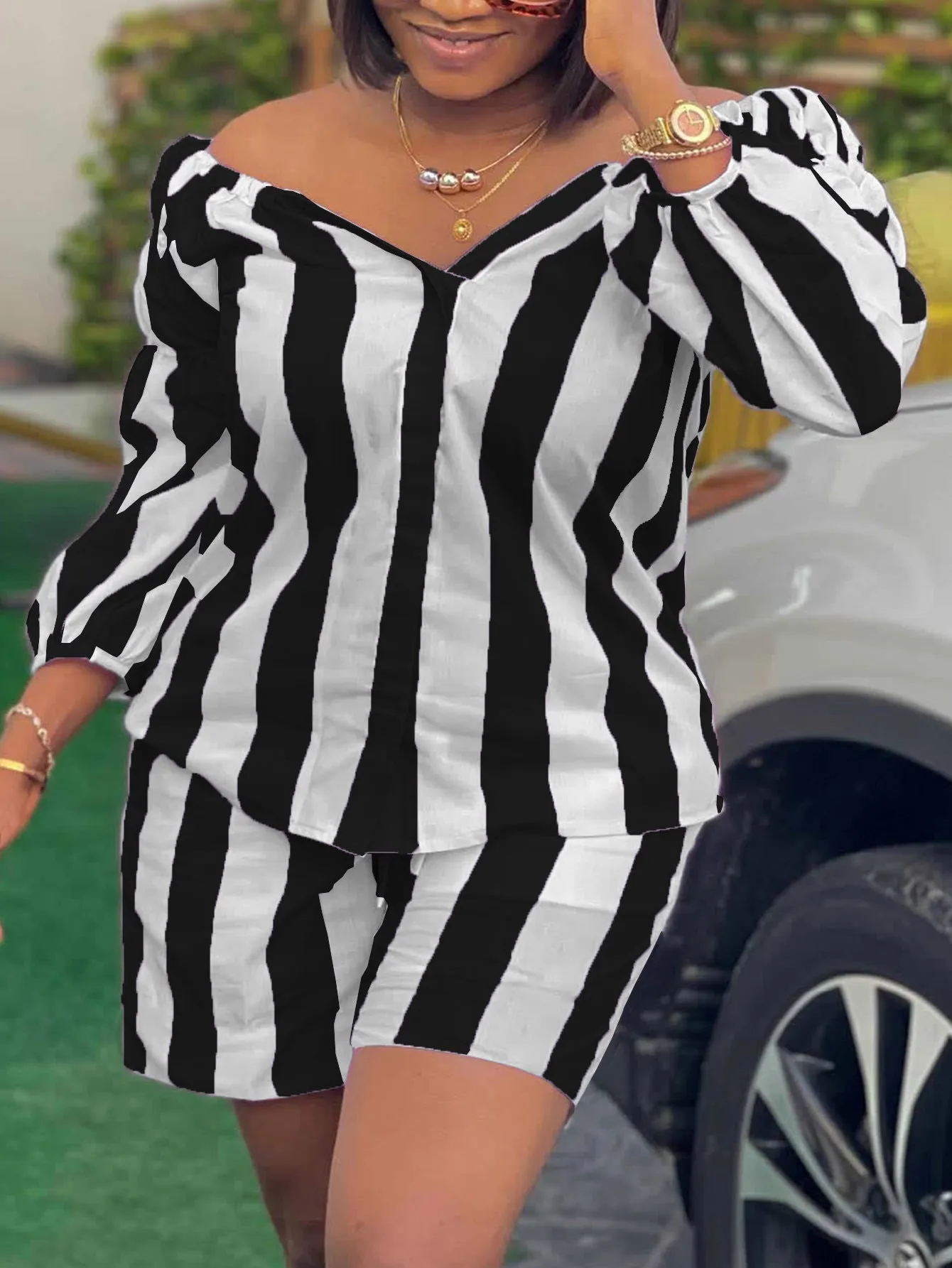 Playful Striped Long-Sleeve Top and Shorts Plus-Size Set