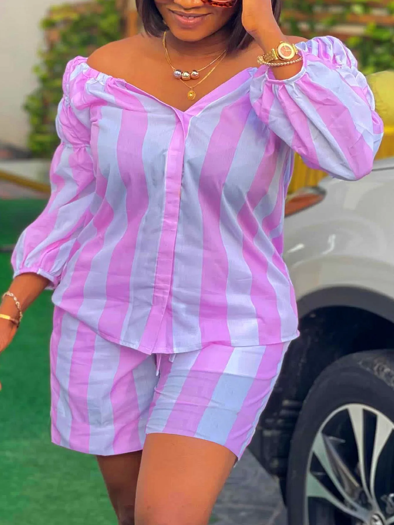 Playful Striped Long-Sleeve Top and Shorts Plus-Size Set