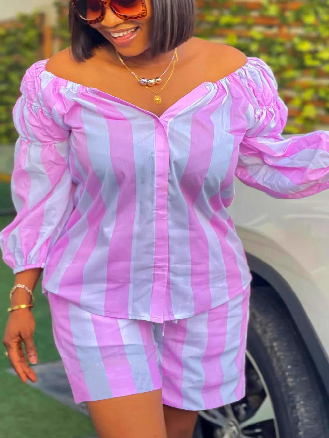 Playful Striped Long-Sleeve Top and Shorts Plus-Size Set