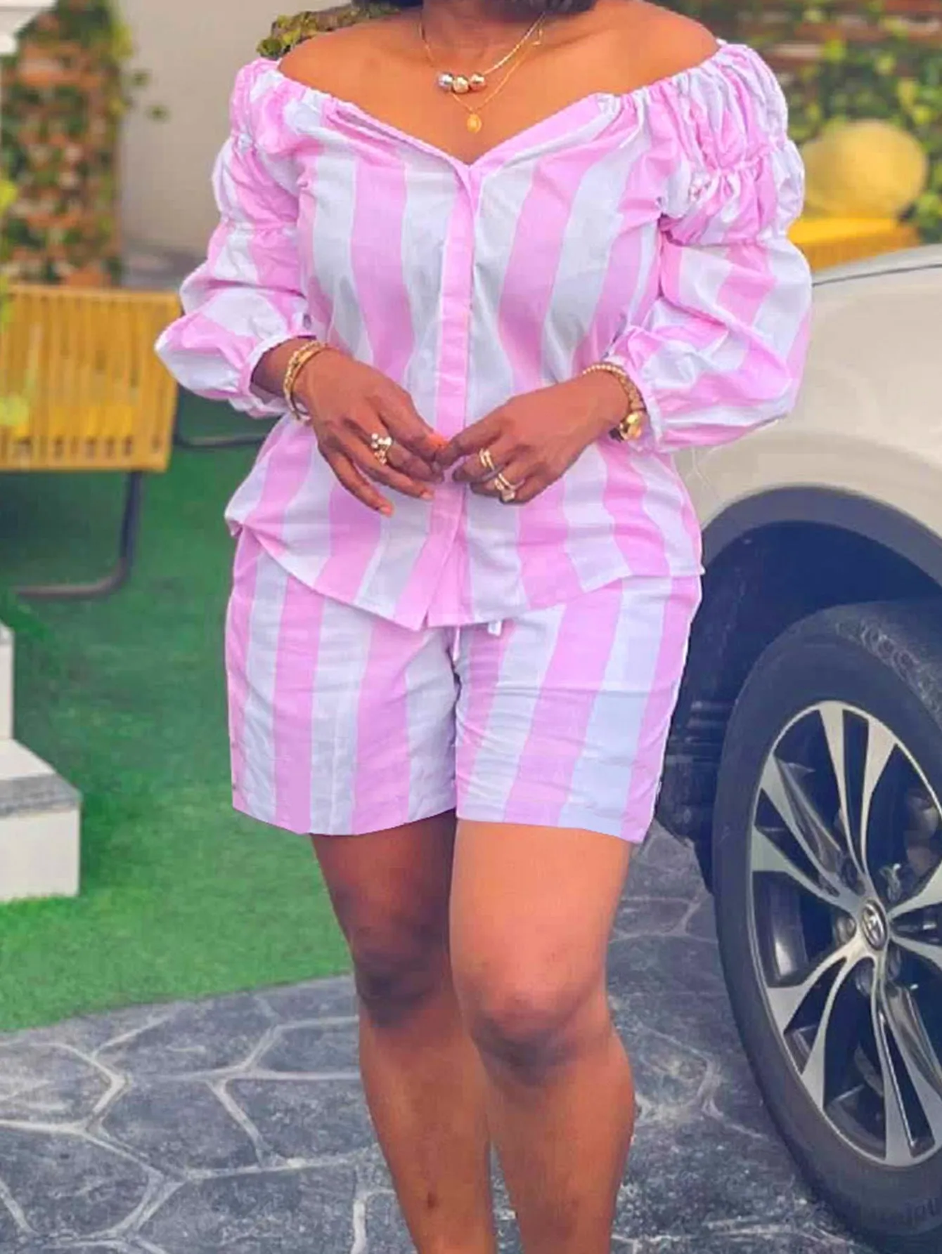 Playful Striped Long-Sleeve Top and Shorts Plus-Size Set