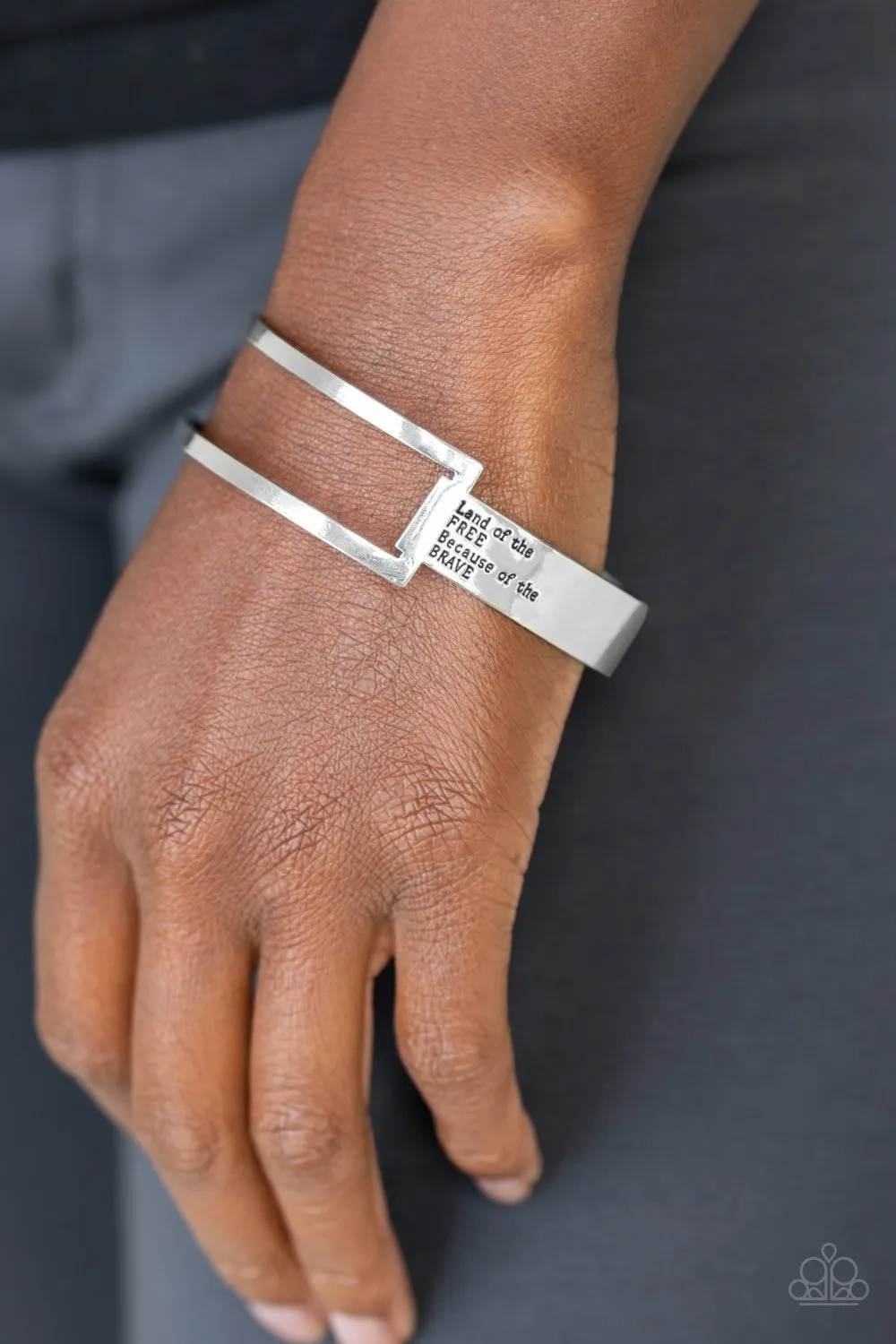 "America The Brave" Silver Metal Land of the Free Because of the Brave Cuff Bracelet