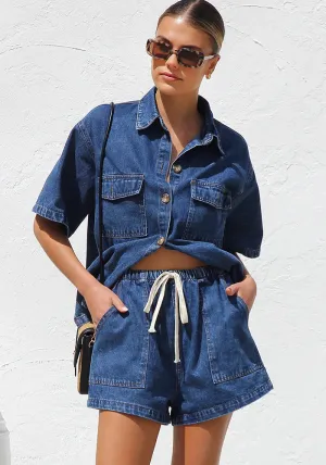 Relaxed Denim Button-Up Shirt and Drawstring Shorts Two-Piece Set