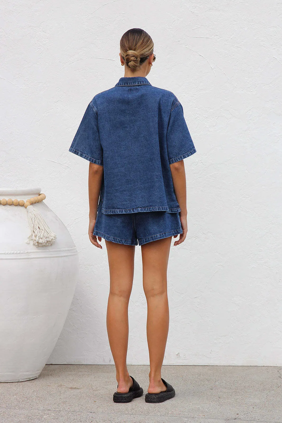 Relaxed Denim Button-Up Shirt and Drawstring Shorts Two-Piece Set