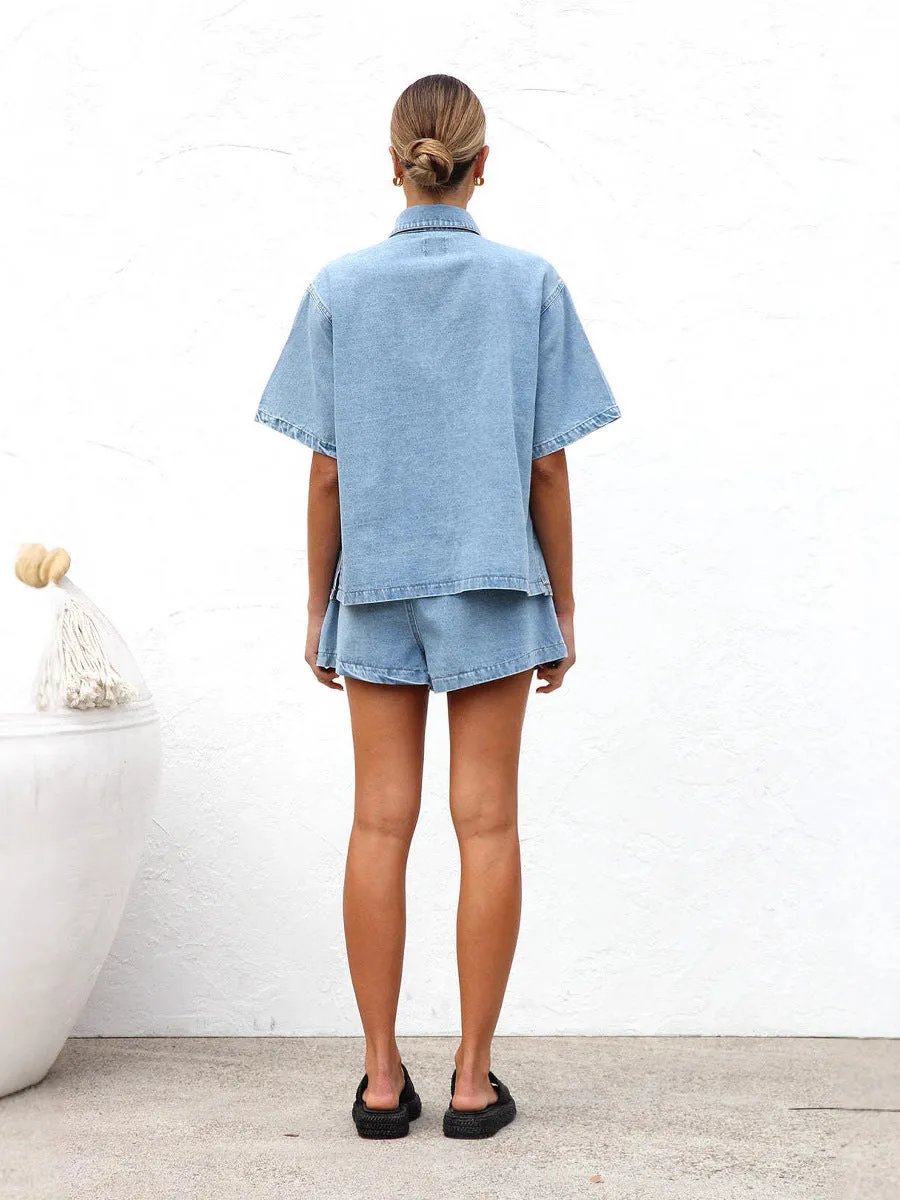 Relaxed Denim Button-Up Shirt and Drawstring Shorts Two-Piece Set