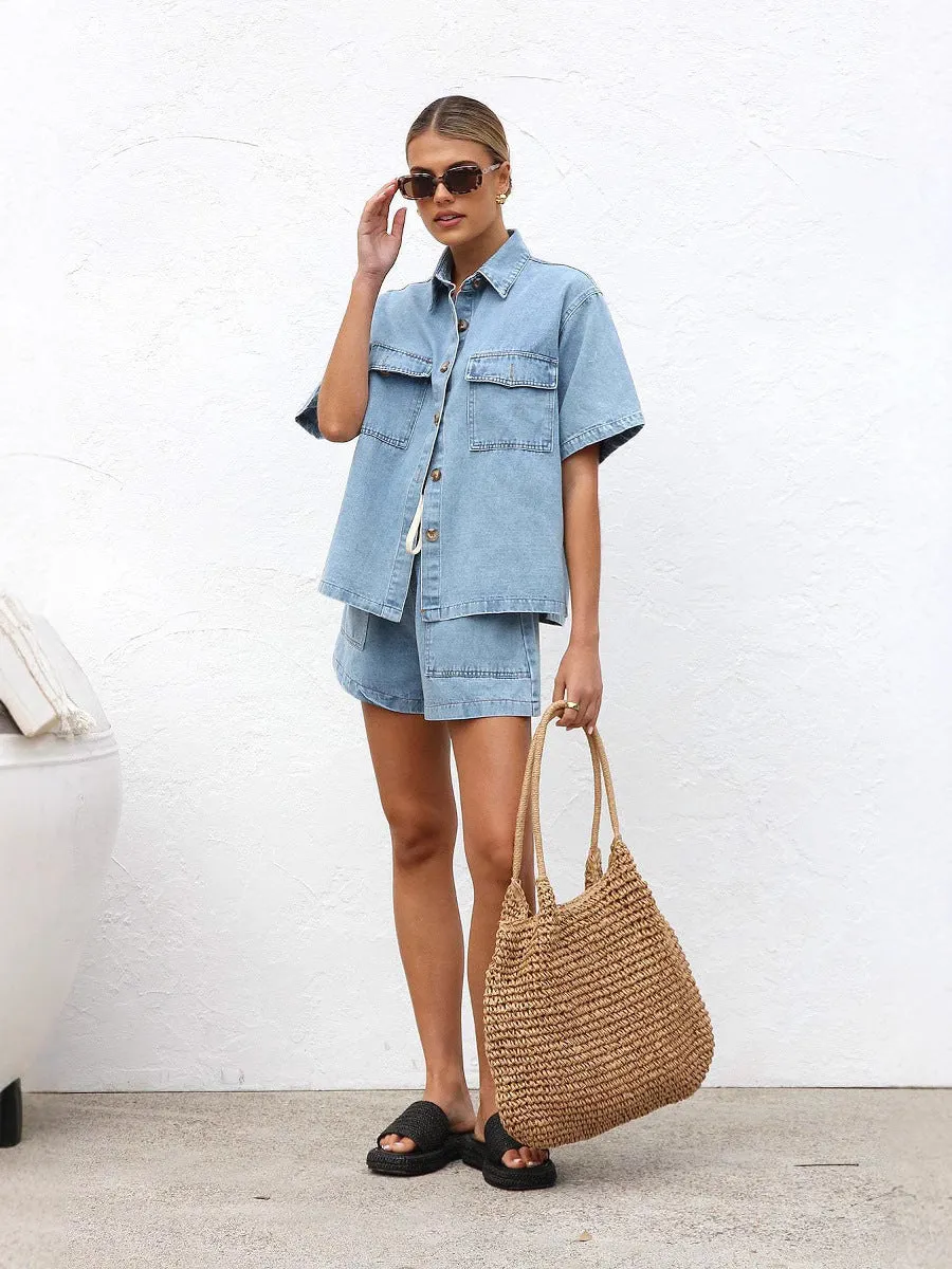 Relaxed Denim Button-Up Shirt and Drawstring Shorts Two-Piece Set