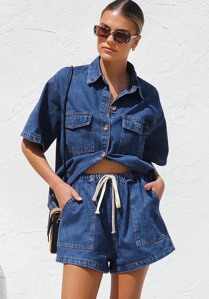 Relaxed Denim Button-Up Shirt and Drawstring Shorts Two-Piece Set