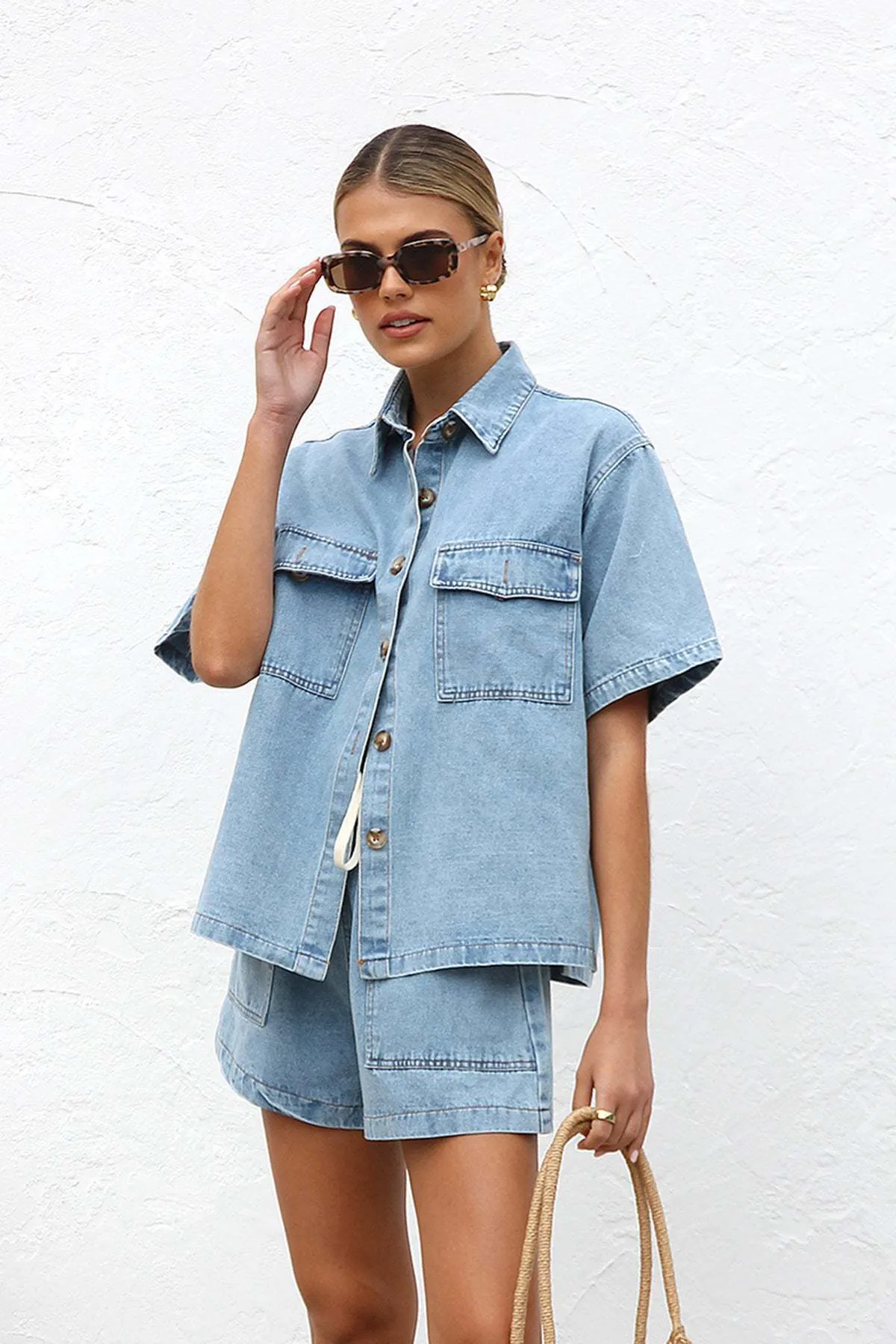 Relaxed Denim Button-Up Shirt and Drawstring Shorts Two-Piece Set