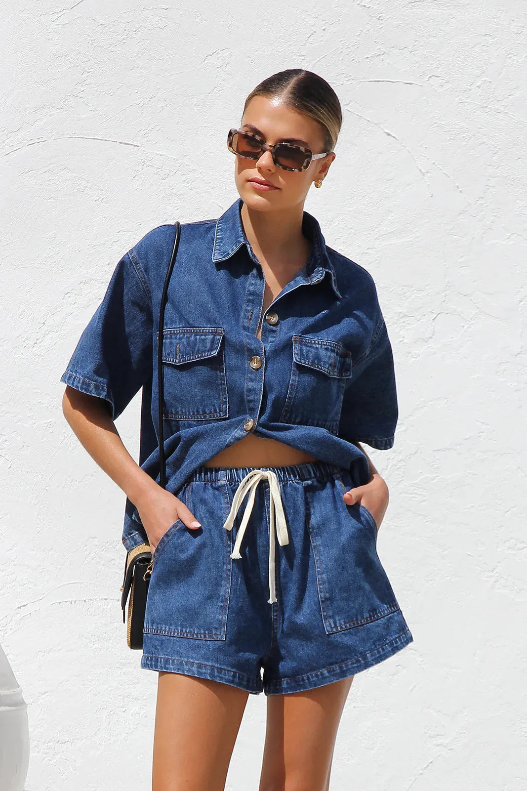 Relaxed Denim Button-Up Shirt and Drawstring Shorts Two-Piece Set