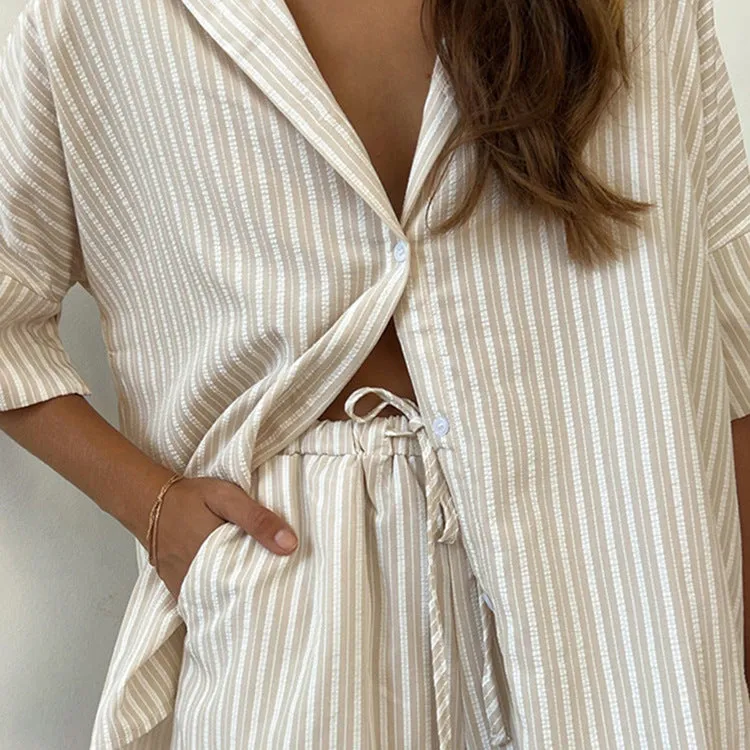 Relaxed Striped Short-Sleeve Shirt and Loose Shorts Two-Piece Set