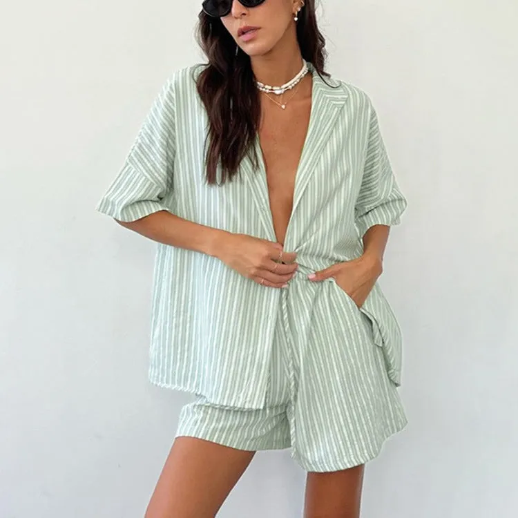 Relaxed Striped Short-Sleeve Shirt and Loose Shorts Two-Piece Set