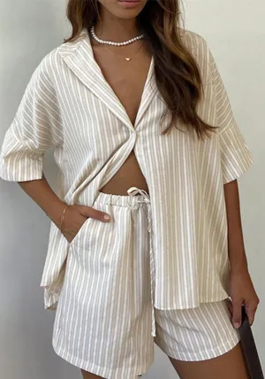 Relaxed Striped Short-Sleeve Shirt and Loose Shorts Two-Piece Set