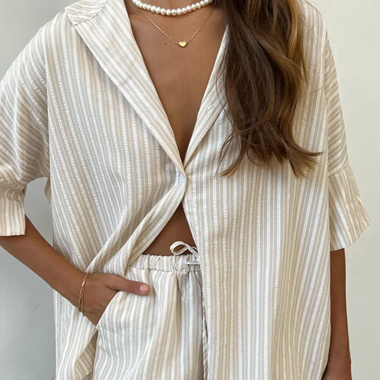 Relaxed Striped Short-Sleeve Shirt and Loose Shorts Two-Piece Set