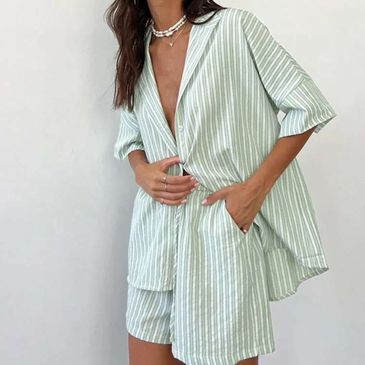 Relaxed Striped Short-Sleeve Shirt and Loose Shorts Two-Piece Set