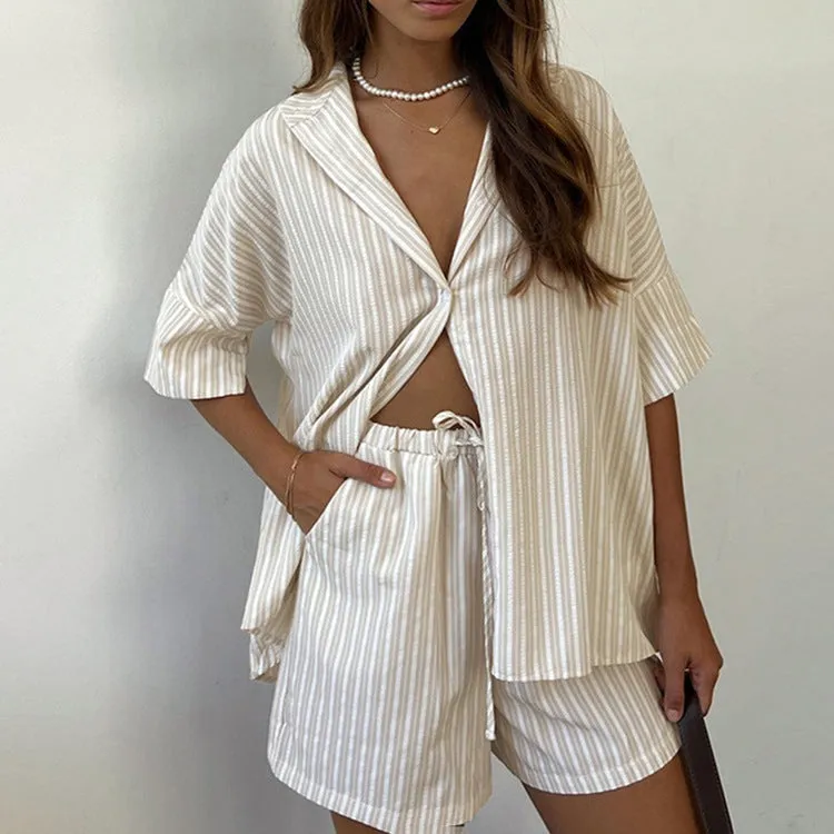 Relaxed Striped Short-Sleeve Shirt and Loose Shorts Two-Piece Set