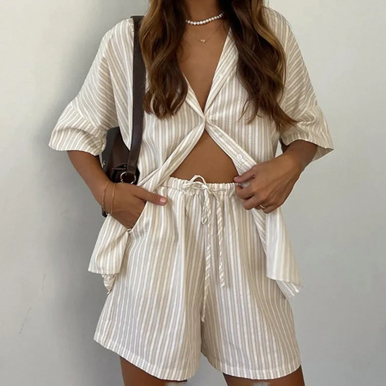 Relaxed Striped Short-Sleeve Shirt and Loose Shorts Two-Piece Set